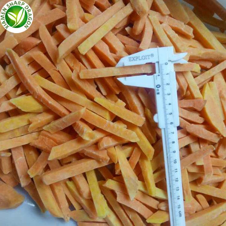 Frozen sweet potato sticks measured with a caliper for cut-size consistency